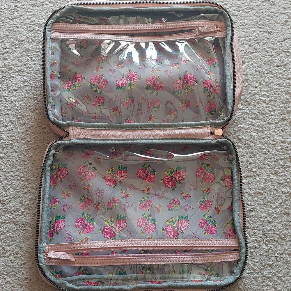 Betsey Johnson Pink Rose Gold Floral Bow Travel Cosmetic Bag